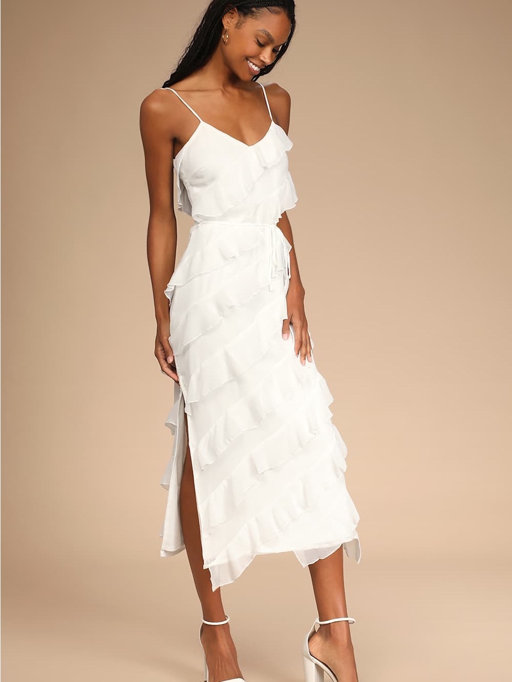Lulu's Ivory Ruffle Tiered Spaghetti-Strap Midi Dress - Picture 4 of 9